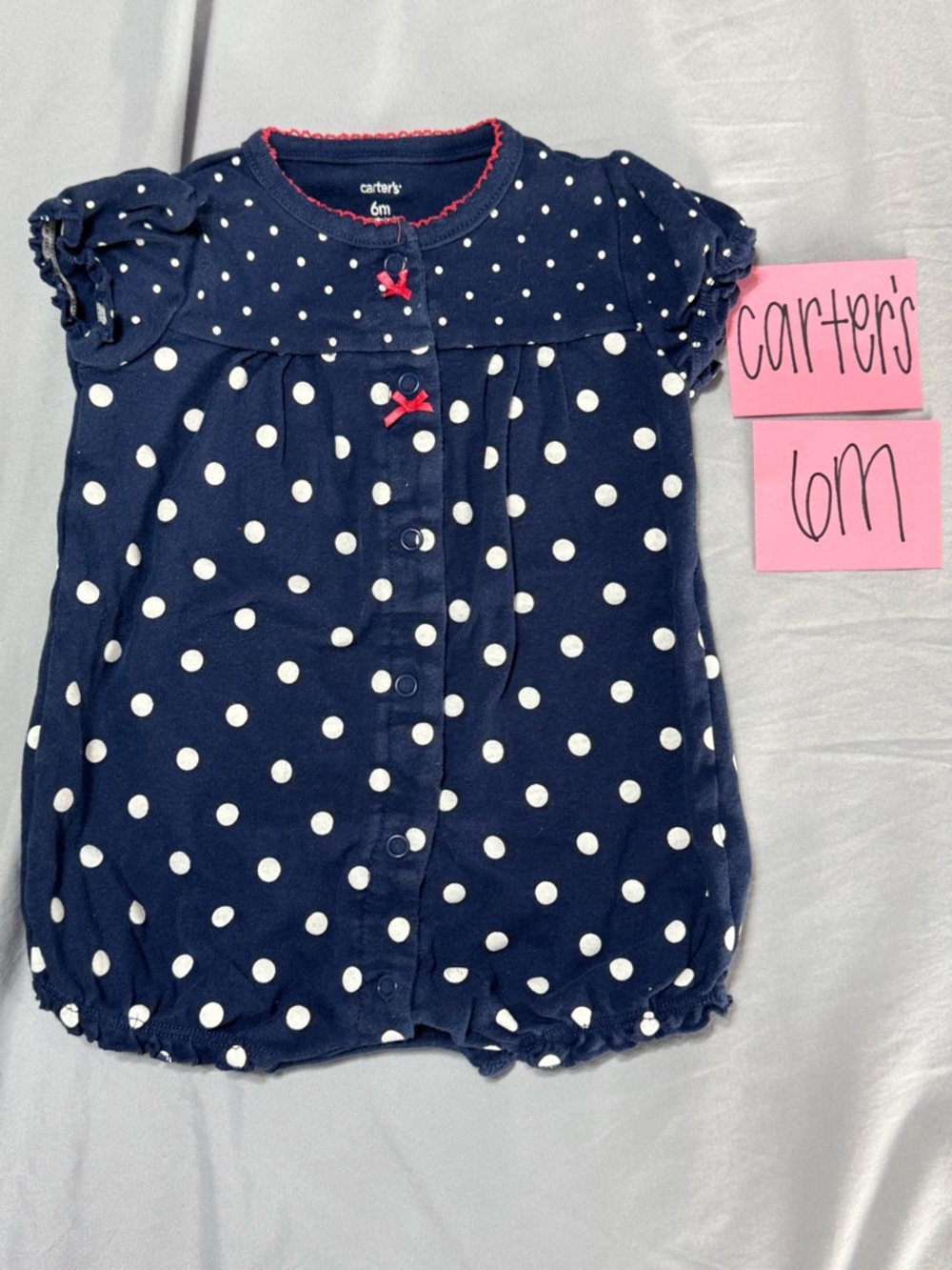 NWOT Carter's Navy Polka Dot Ruffle Sleeve Strawberry Baby Romper - 6M